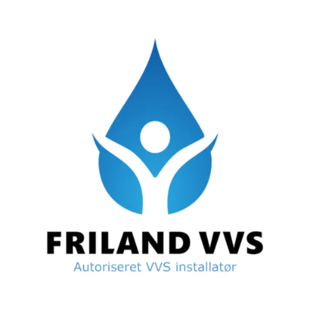 Friland VVS logo med vanddråbe og personikon, autoriseret VVS-installatør.