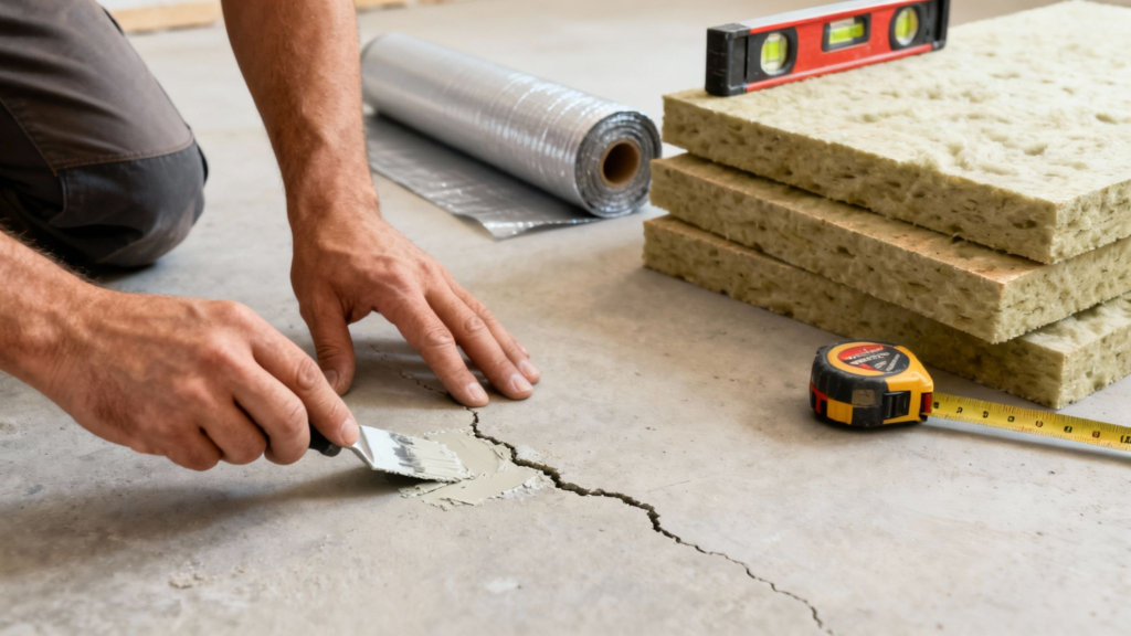 Installation af gulvvarme på eksisterende betongulv med isoleringsmateriale.