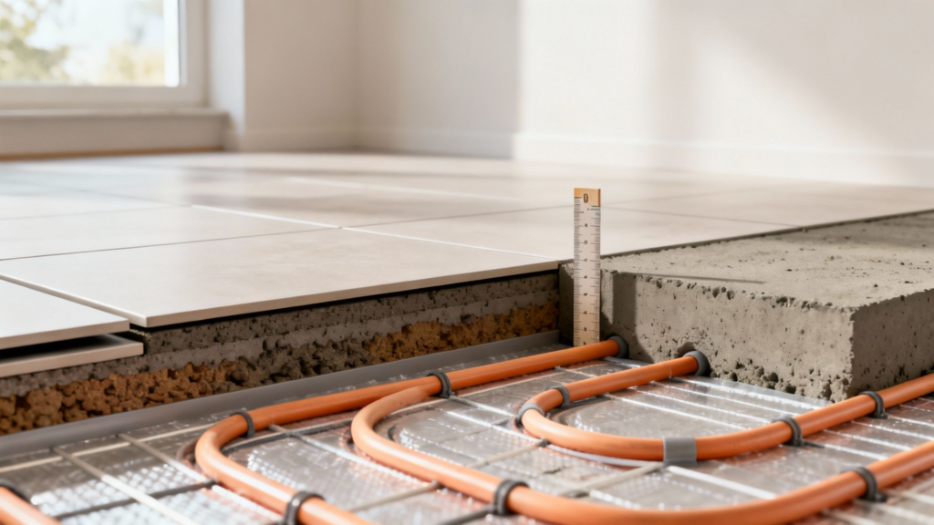 Installation af gulvvarme på eksisterende betongulv med måleværktøj.