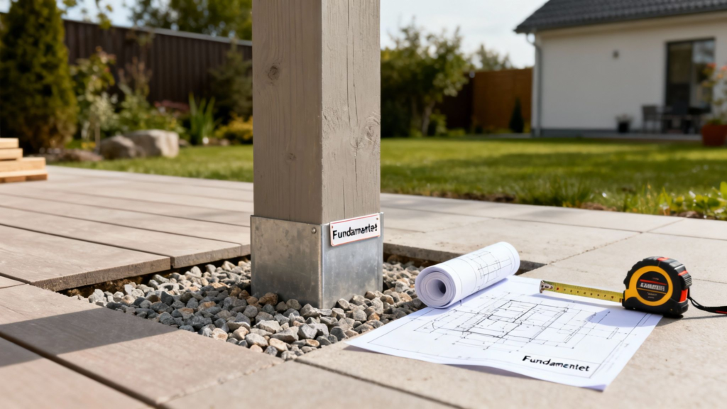 Stolpe til terrasse med fundament, målebånd og tegninger i baggrunden.