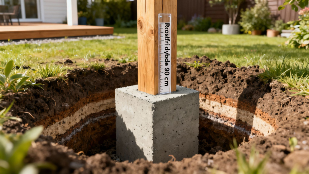 Stolpe til terrasse med betonfundament og målebånd.