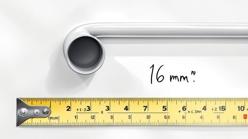 Rør med 16 mm diameter og målebånd til måling af rørdiameter.