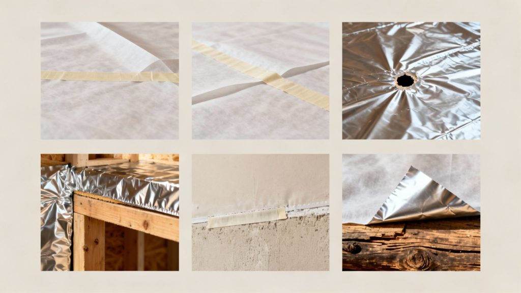 Installation af dampspærre til gulv med aluminiumsfolie og tape.