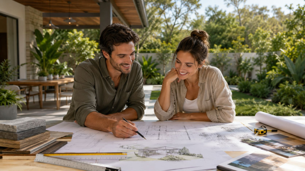 Par plan over en terrassekonstruktion med to personer, der planlægger og diskuterer byggeprojekt.