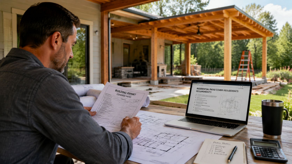 Tømrer arbejder på terrasseprojekt med byggetegninger og laptop.