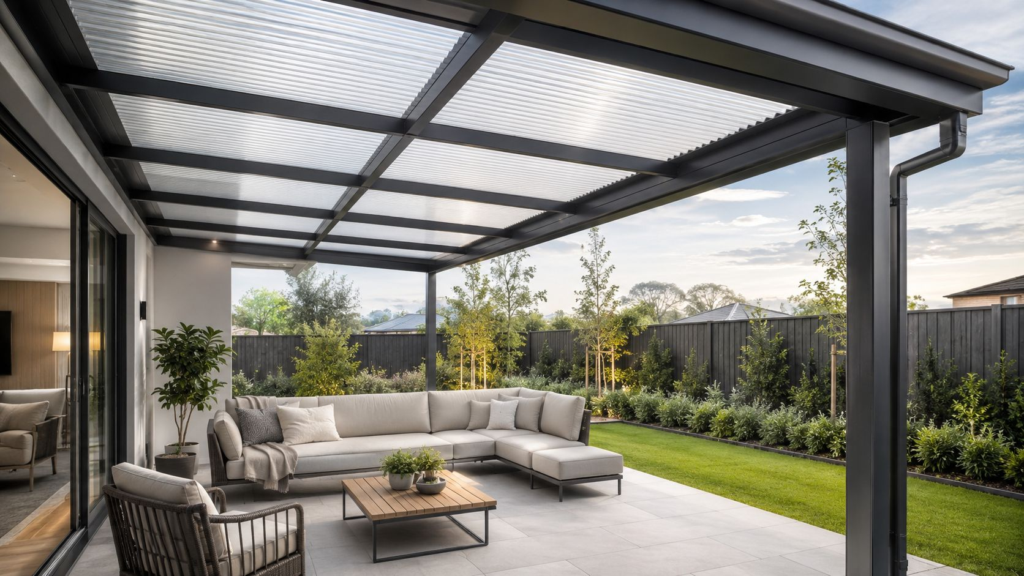 Moderne overdækket terrasse med komfortabel siddeplads og glasoverdækning.