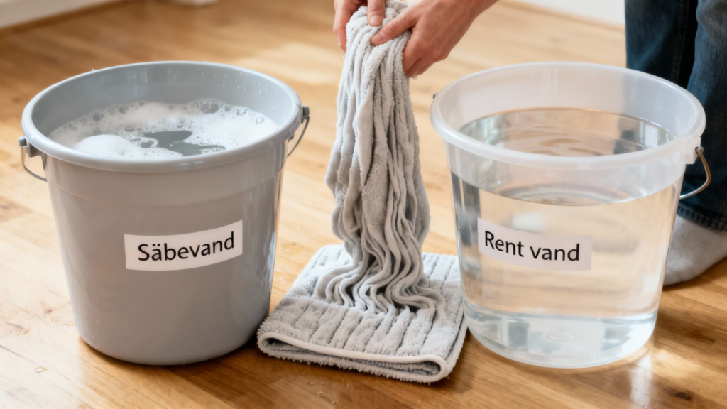 Rengøring af trægulv med sæbevand og rent vand.