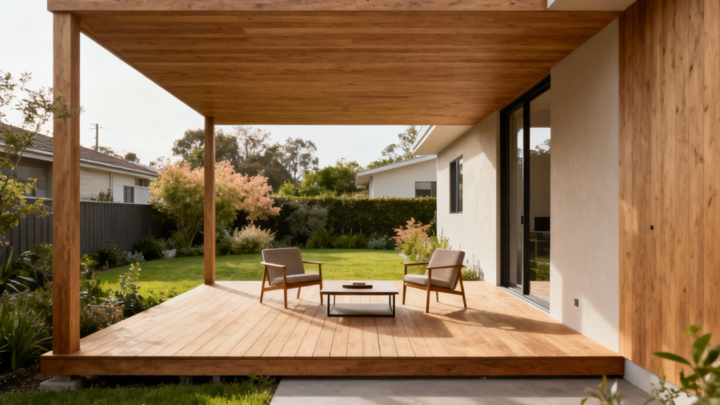 Moderne overdækket terrasse i træ med udendørs møbler og have.