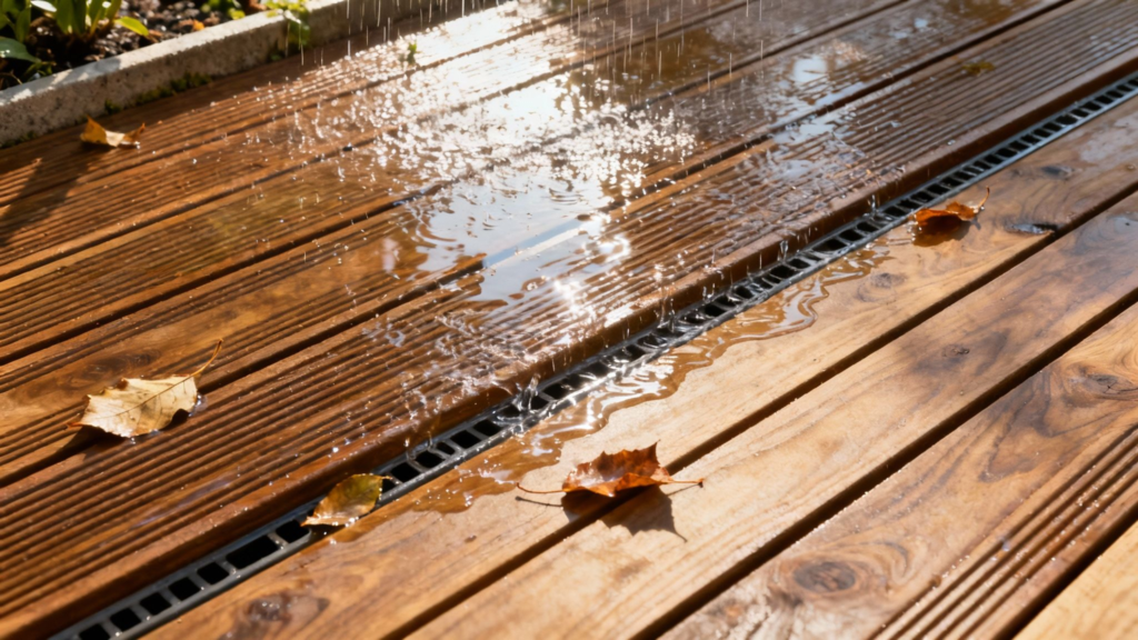 Træterrasse med vandafvisende behandling og dryp fra regn.