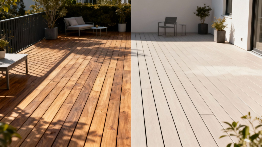 Udendørs terrasse med trædæk før og efter renovering.