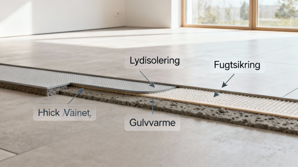 Detaljeret billede af underlag til gulv med lydisolering og gulvvarme.