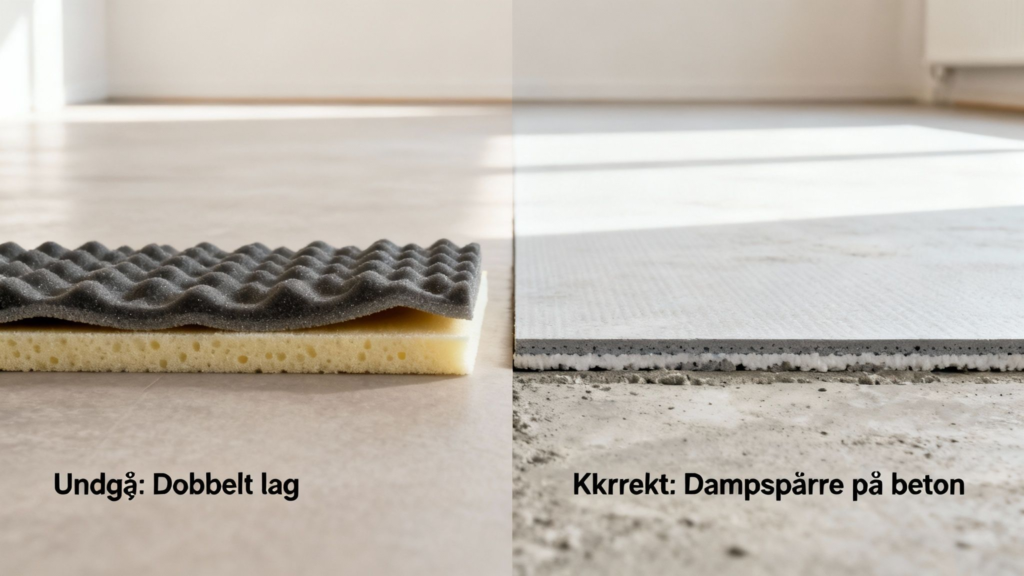 Dobbelt lag og dampspærre på betonggulv til optimal underlagsbeskyttelse.