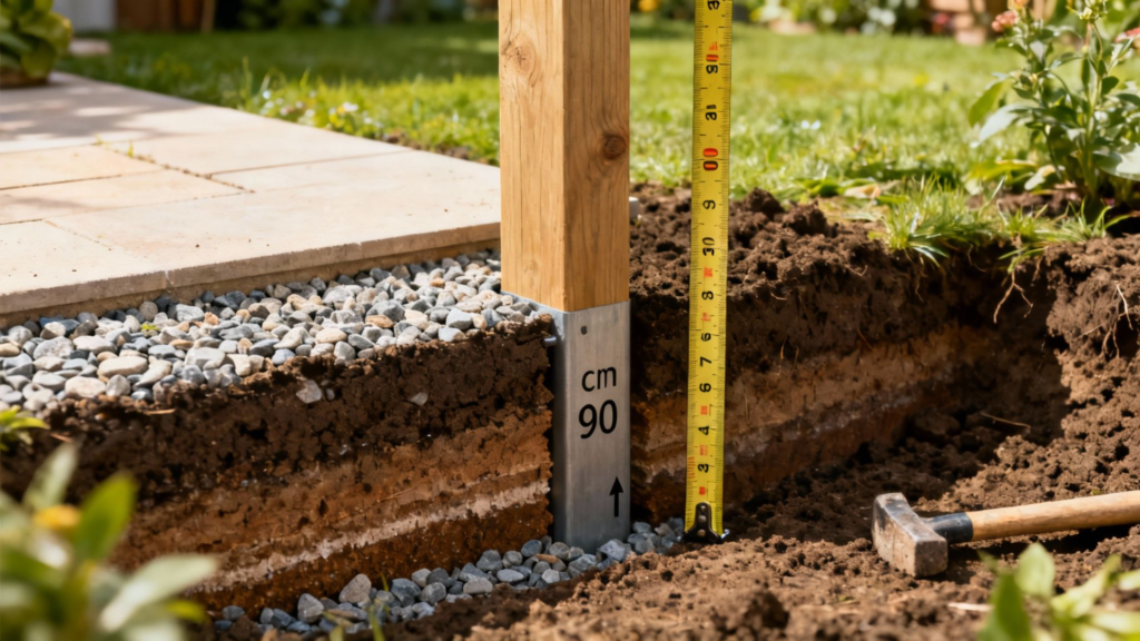 Dimensionering af terrassebjælker med målebånd og støttestruktur.