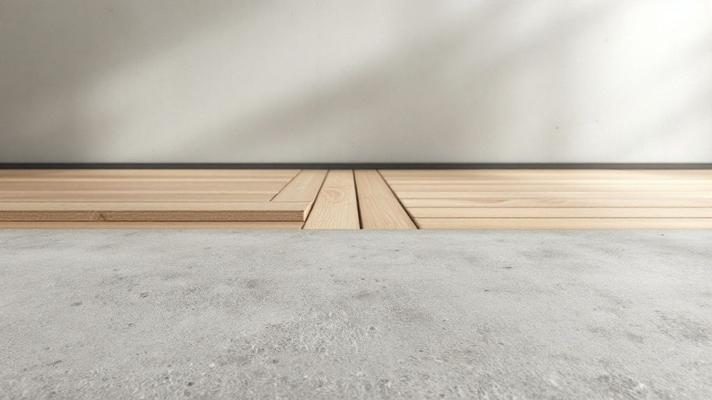 Trægulv lagt direkte på beton med synlige samlinger og finish.
