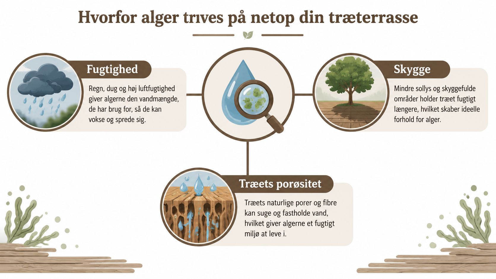 En infografik der viser tre årsager til at alger trives på træterrasser: fugtighed, skygge og træets porøsitet.