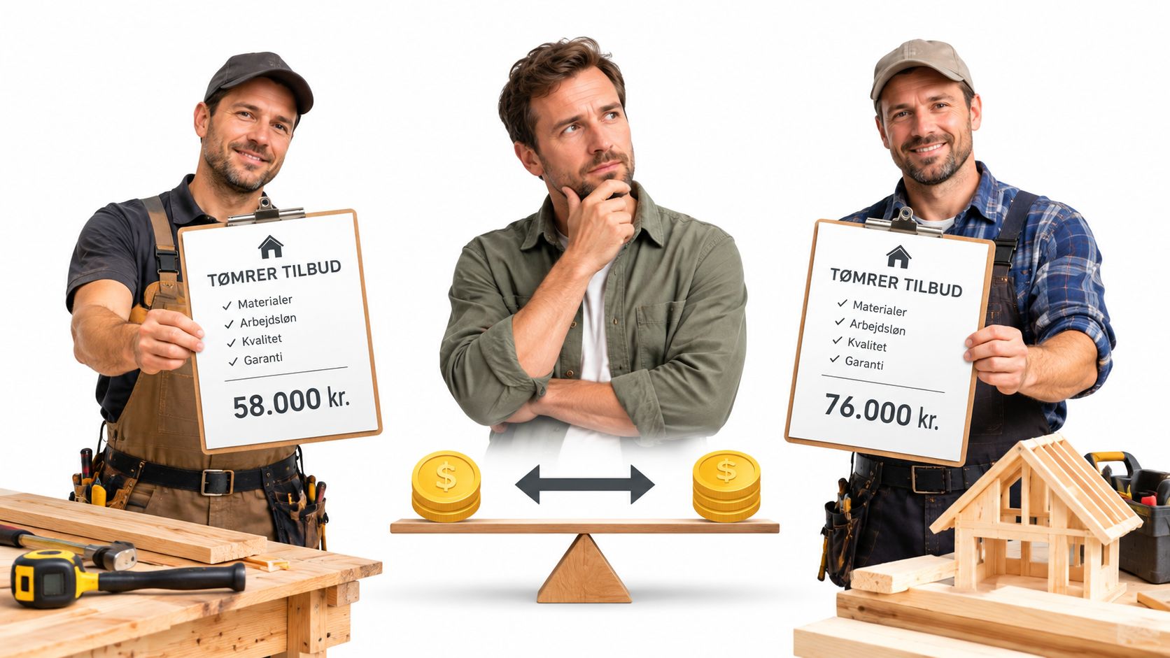 En mand sammenligner to forskellige tømrer tilbud på 58.000 kr. og 76.000 kr. med vægtskåle imellem.
