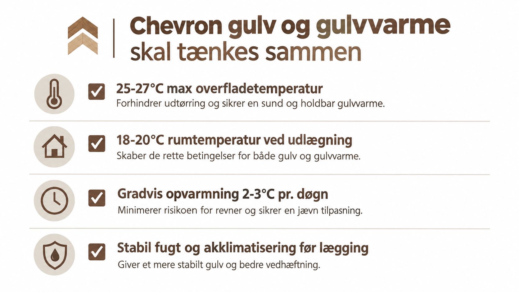 En infografik der viser vigtige retningslinjer for korrekt installation af chevron gulv med gulvvarme for optimal holdbarhed.