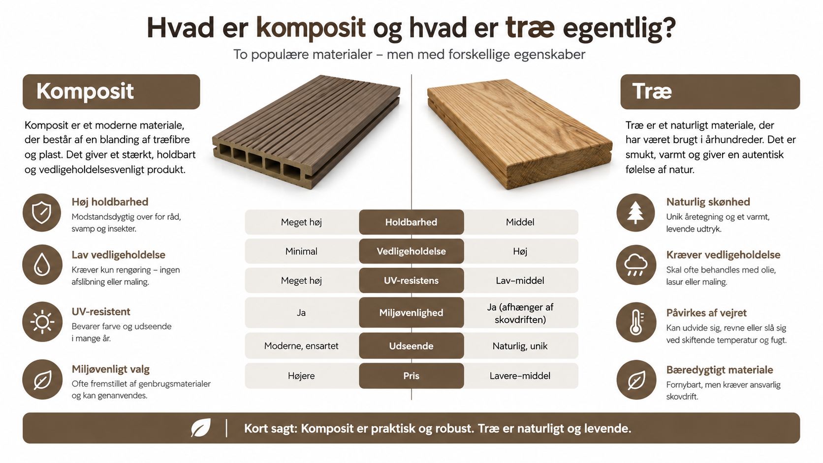 En sammenlignende infografik, der viser forskellene mellem komposit og træ som materialer til udendørs brug.