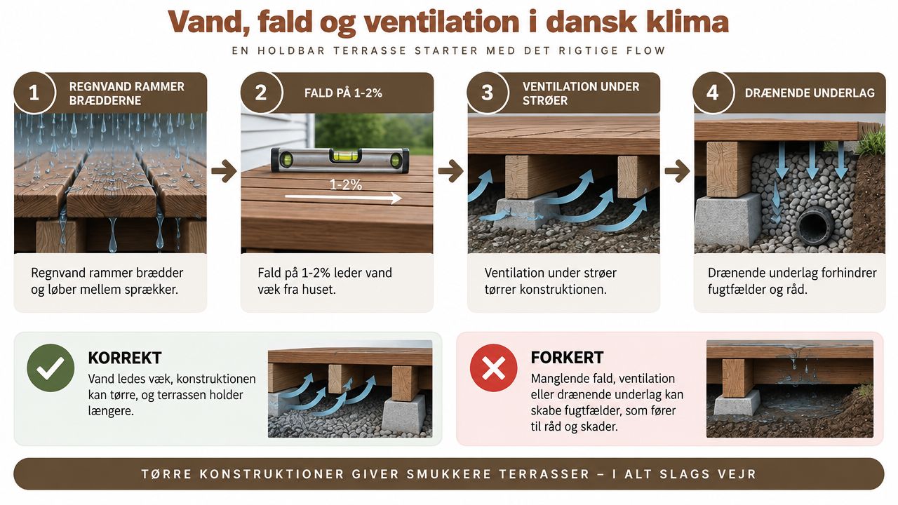 En infografik der viser vigtigheden af korrekt fald, dræn og ventilation ved opbygning af en holdbar træterrasse.