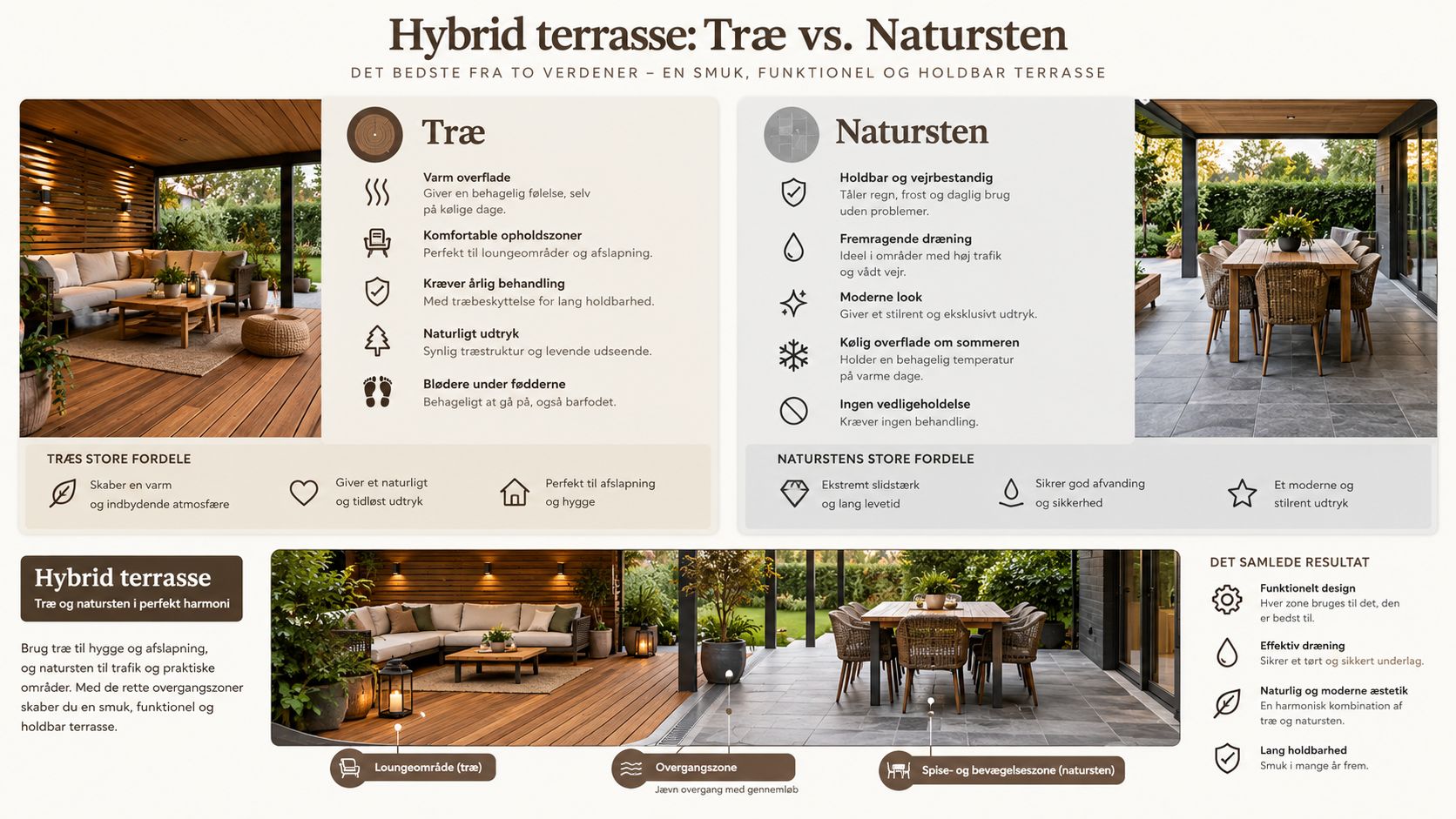 En infografik der viser fordele ved at kombinere træ og natursten på en overdækket terrasse.
