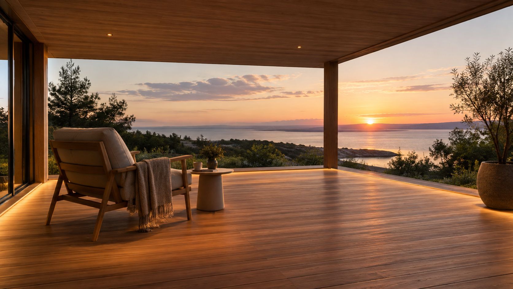 En smuk overdækket terrasse med en komfortabel lænestol og en fantastisk havudsigt i den gyldne solnedgang.