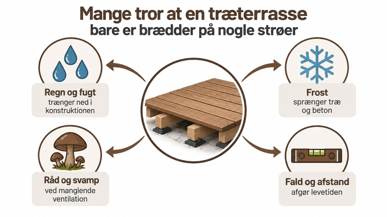 En infografik der viser udfordringer ved konstruktion af træterrasse som fugt, frost, svamp og korrekt fald.