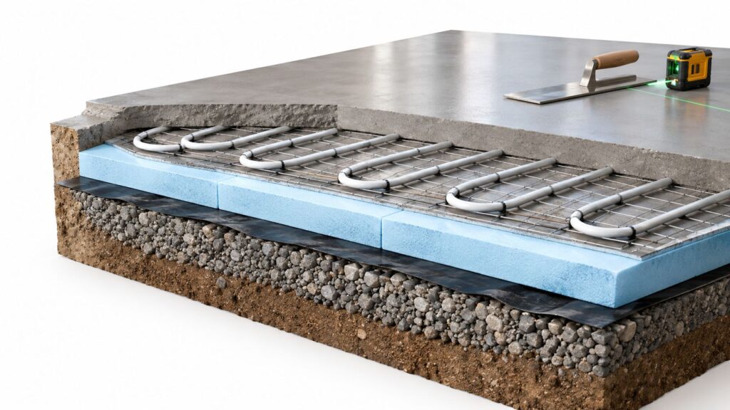 Installation af gulvvarmesystem med rør og isoleringsmateriale.