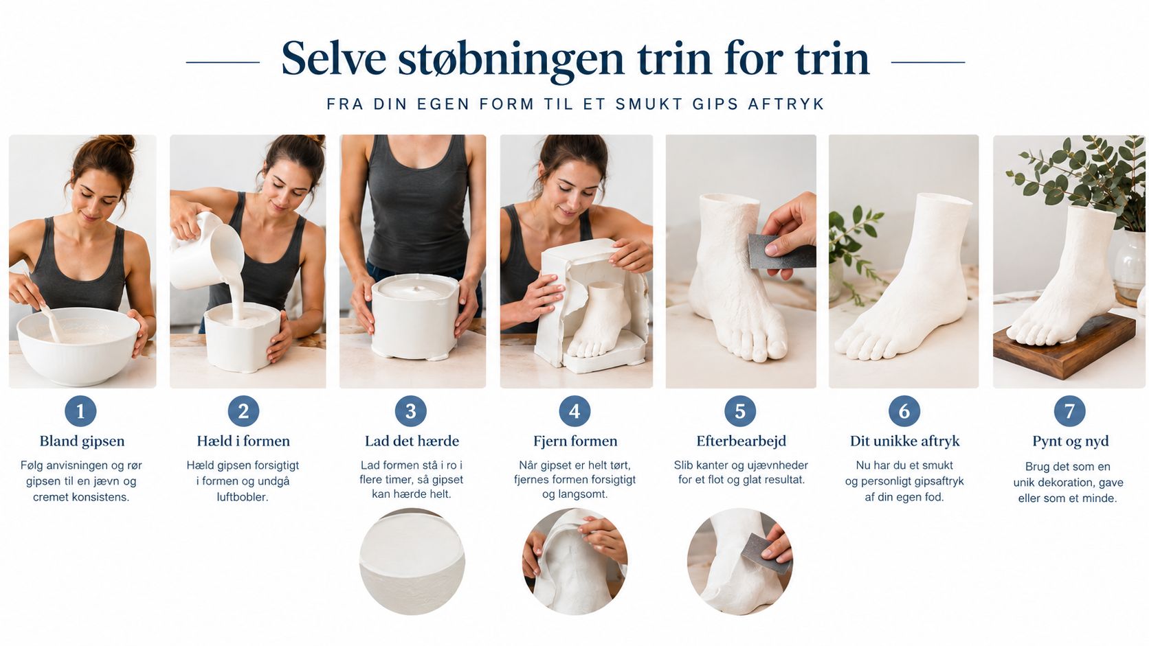 En trinvis guide til hvordan man laver et gipsaftryk af sin fod ved brug af en form.