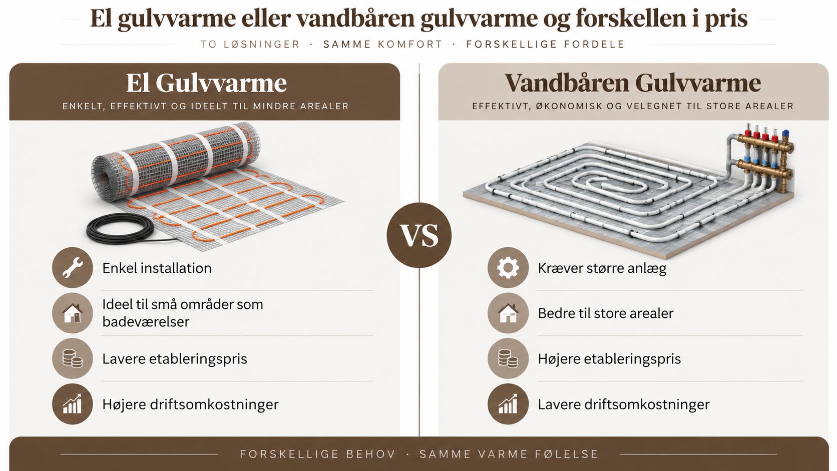 Sammenligning af el- og vandbåren gulvvarme med fordele og ulemper.