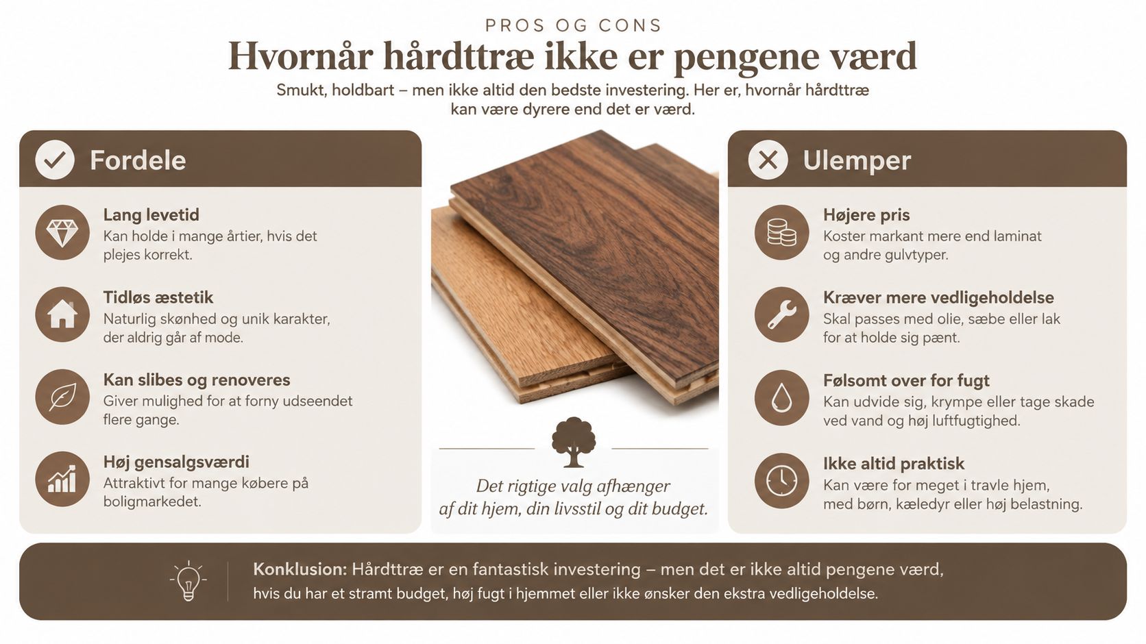 En infografik der viser fordele og ulemper ved hårdttrægulve for at hjælpe med boligvalg.