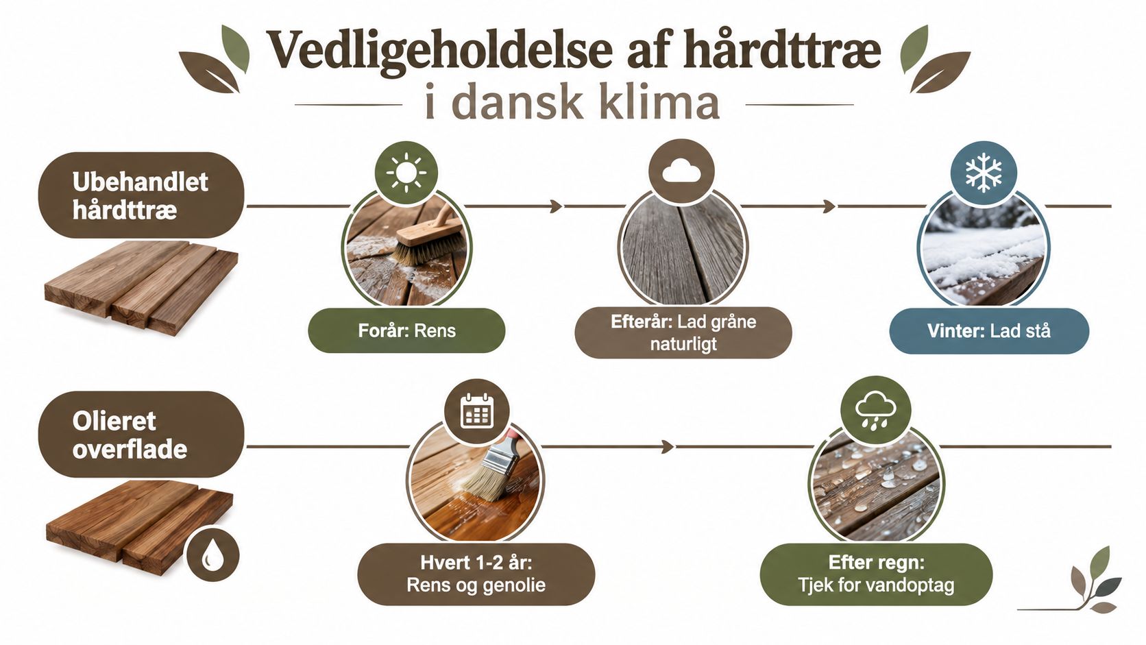 En guide til vedligeholdelse af hårdttræ i det danske klima, vist med illustrationer for ubehandlet og olieret træ.