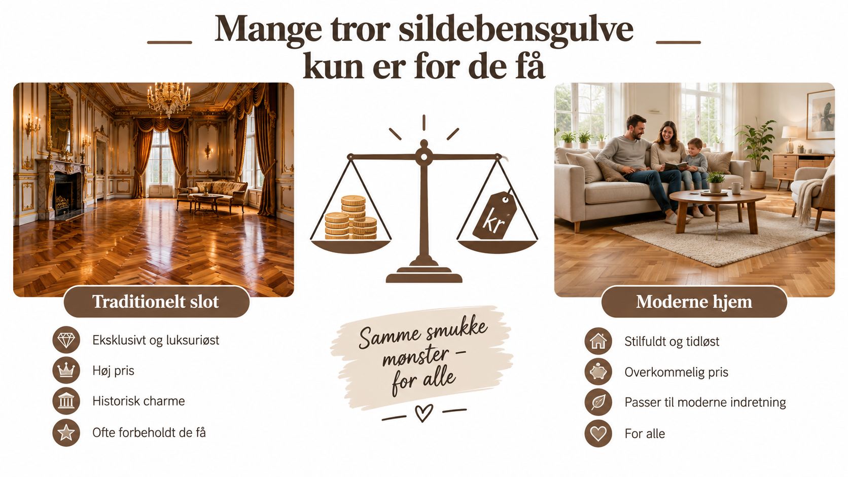 Sammenligning af sildebensparket i et klassisk slot og et moderne hjem med fokus på prisvenlighed.