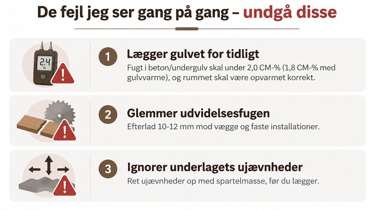 Infografik der viser tre almindelige fejl ved lægning af trægulv, såsom fugt, udvidelsesfuger og underlagets ujævnheder.