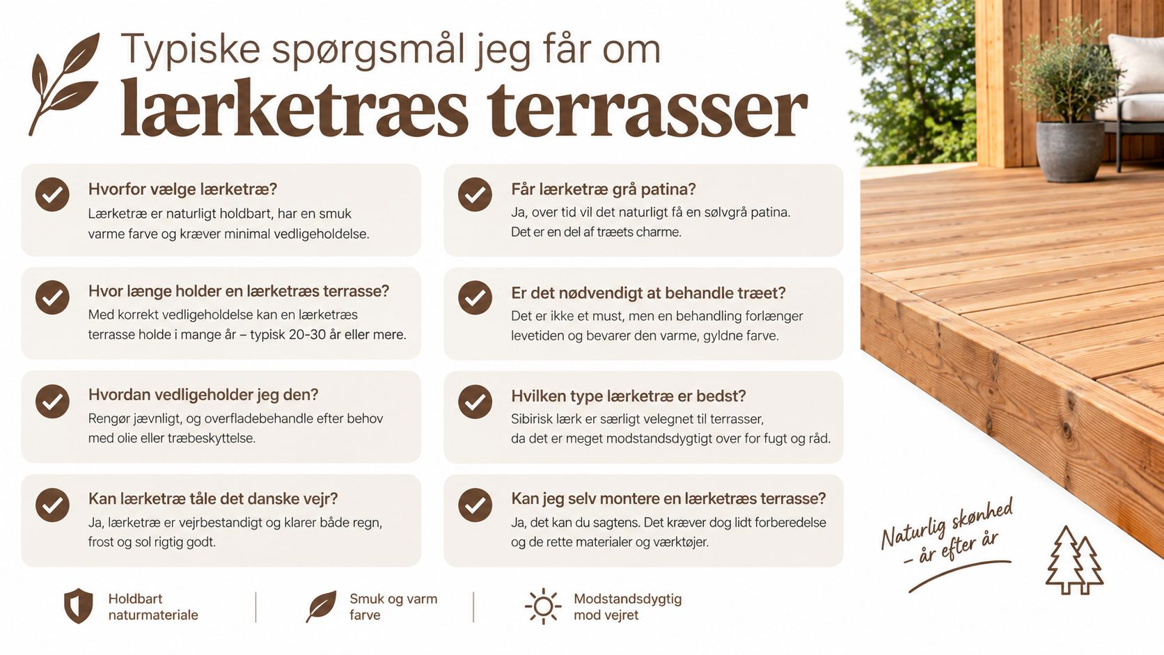 Infografik med typiske spørgsmål og svar om vedligeholdelse og egenskaber ved lærketræsterrasser til udendørs brug.