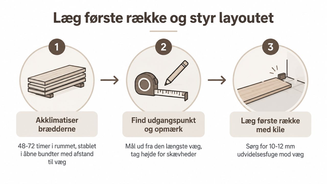 Illustration af de tre første trin til at lægge et trægulv, inklusiv akklimatisering, opmåling og opstart.