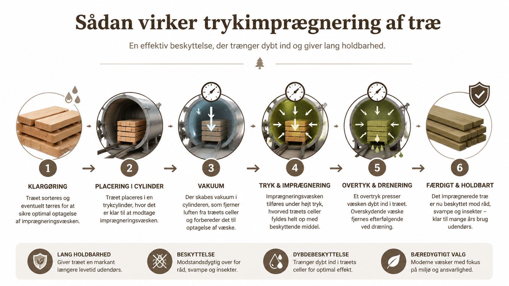 En grafisk illustration der viser de seks trin i processen for trykimprægnering af træ til udendørs brug.