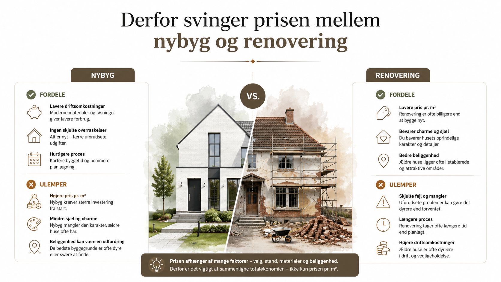 Sammenligning af nybyggeri og renovering med fordele og ulemper.