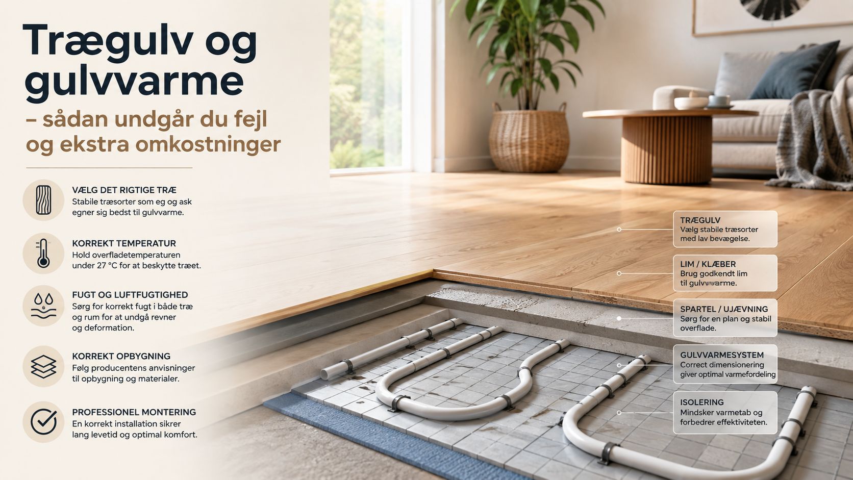 Installation af gulvvarme under trægulv for komfort og energibesparelse.