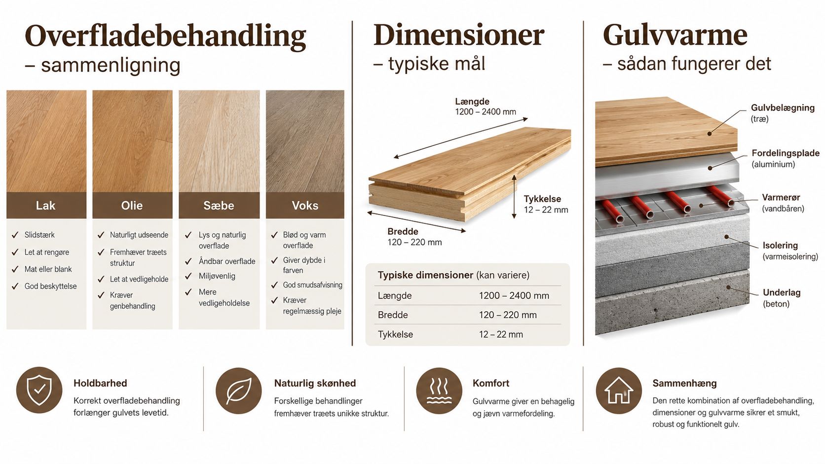 En infografik der viser overfladebehandling af trægulve, typiske dimensioner på planker og opbygning af et gulvvarme system.