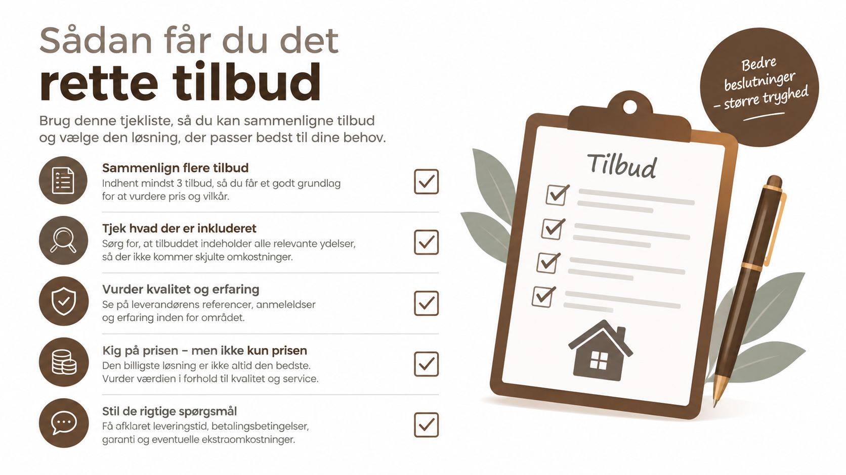 En tjekliste der hjælper dig med at sammenligne tilbud og vælge den bedste løsning til dit projekt.
