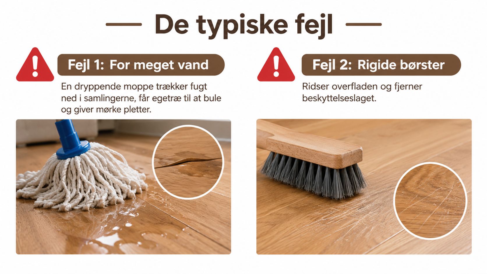Illustration af to almindelige fejl ved rengøring af trægulve: brug af for meget vand og hårde børster.