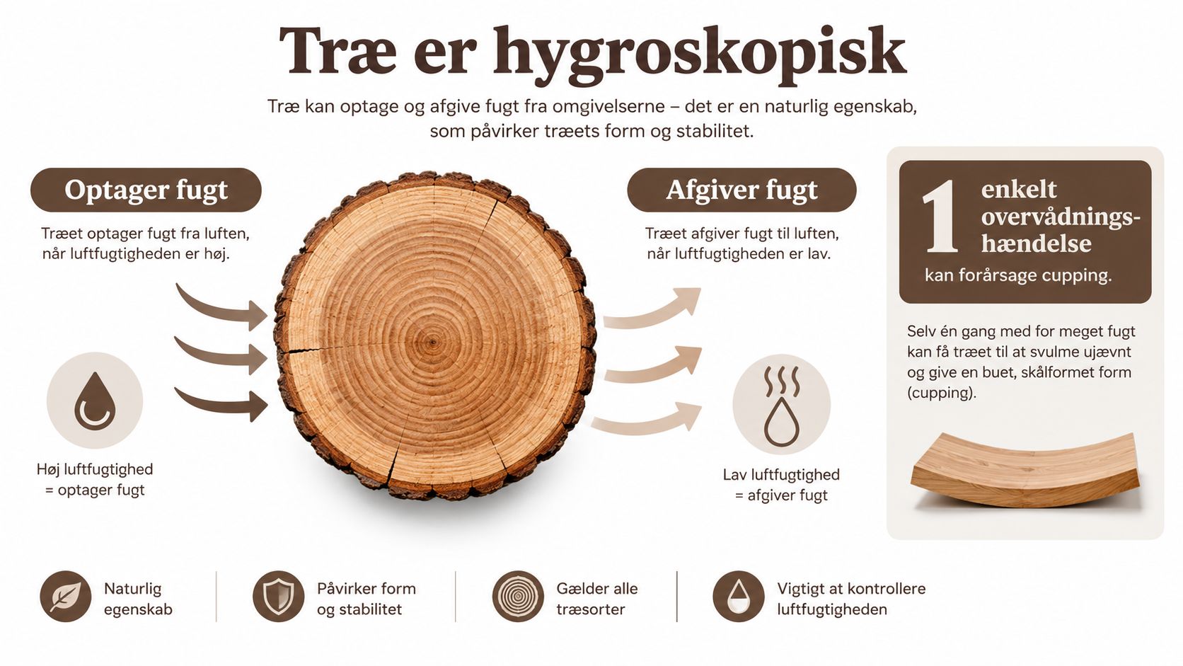 En infografik der viser hvordan træ er hygroskopisk og reagerer på ændringer i luftfugtighed ved at svulme.
