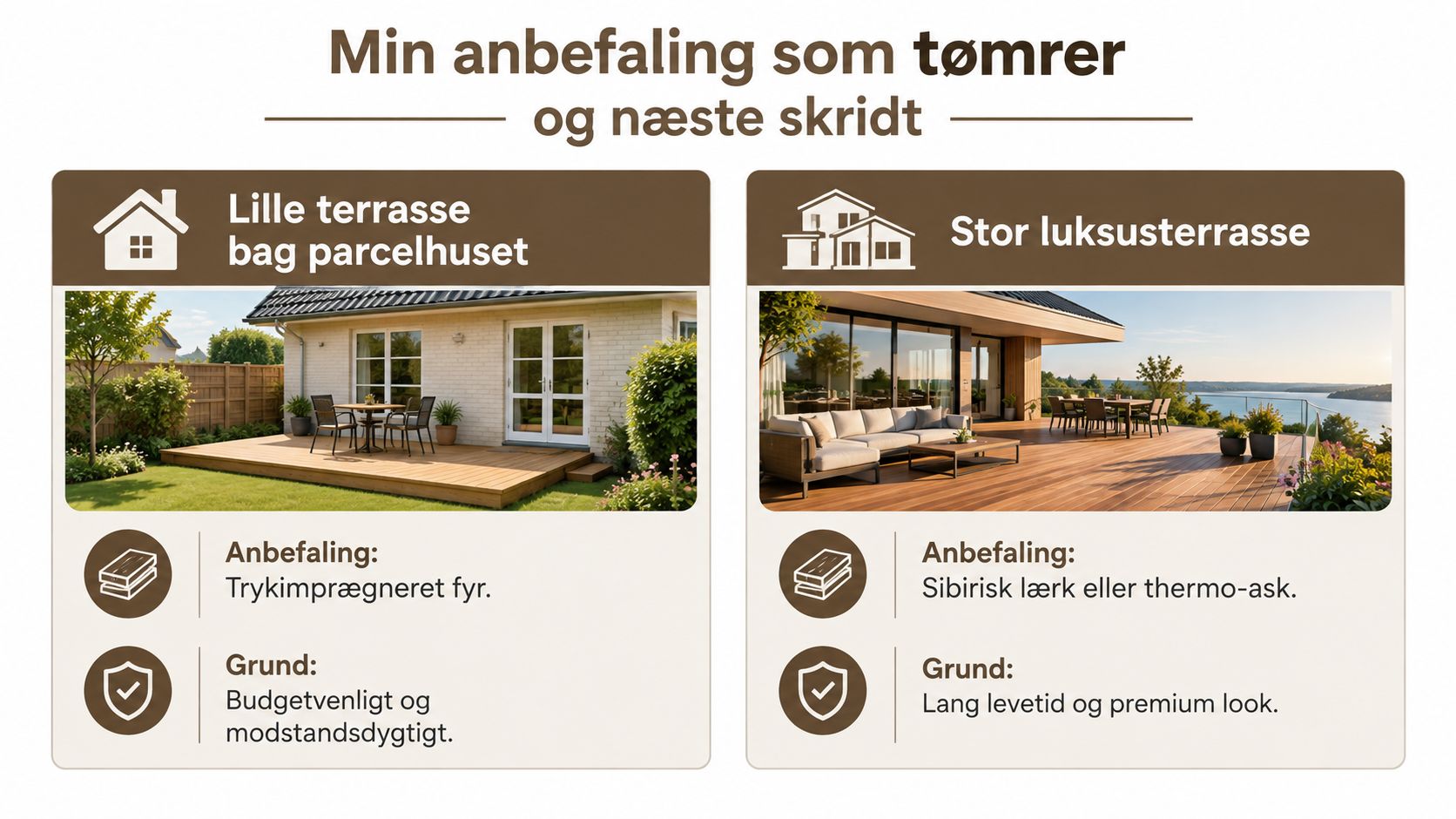 Tømrerens anbefalinger til valg af træmaterialer til enten en lille parcelhusterrasse eller en stor luksusterrasse.