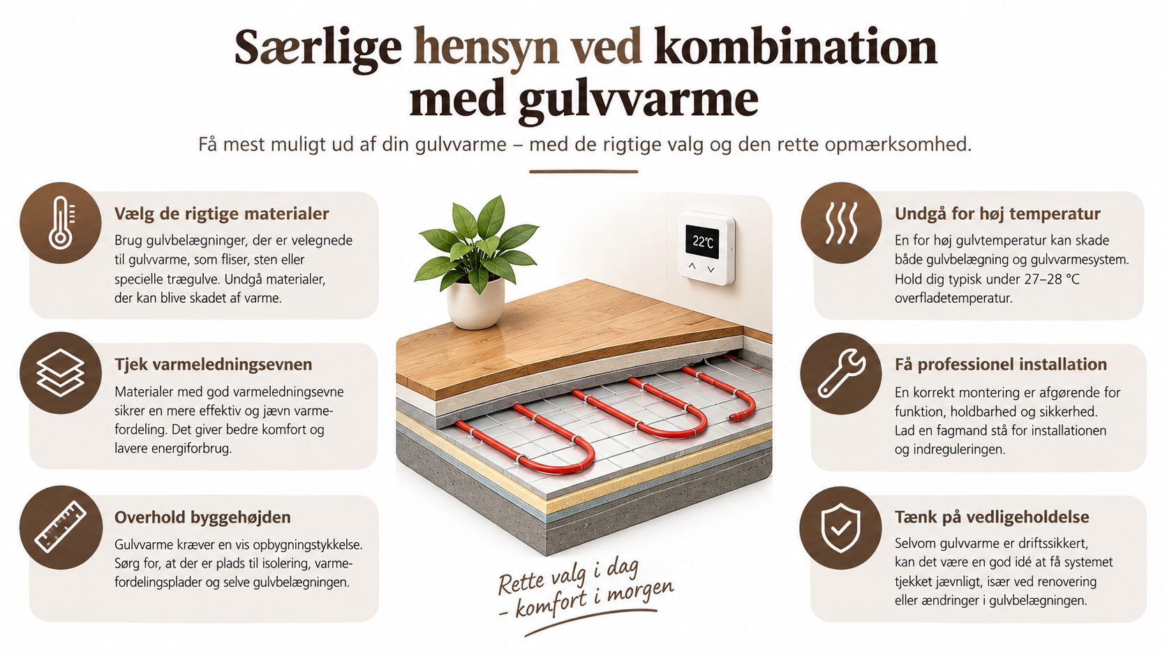 En infografik om vigtige overvejelser ved installation og brug af gulvvarme med praktiske råd til boligejere.