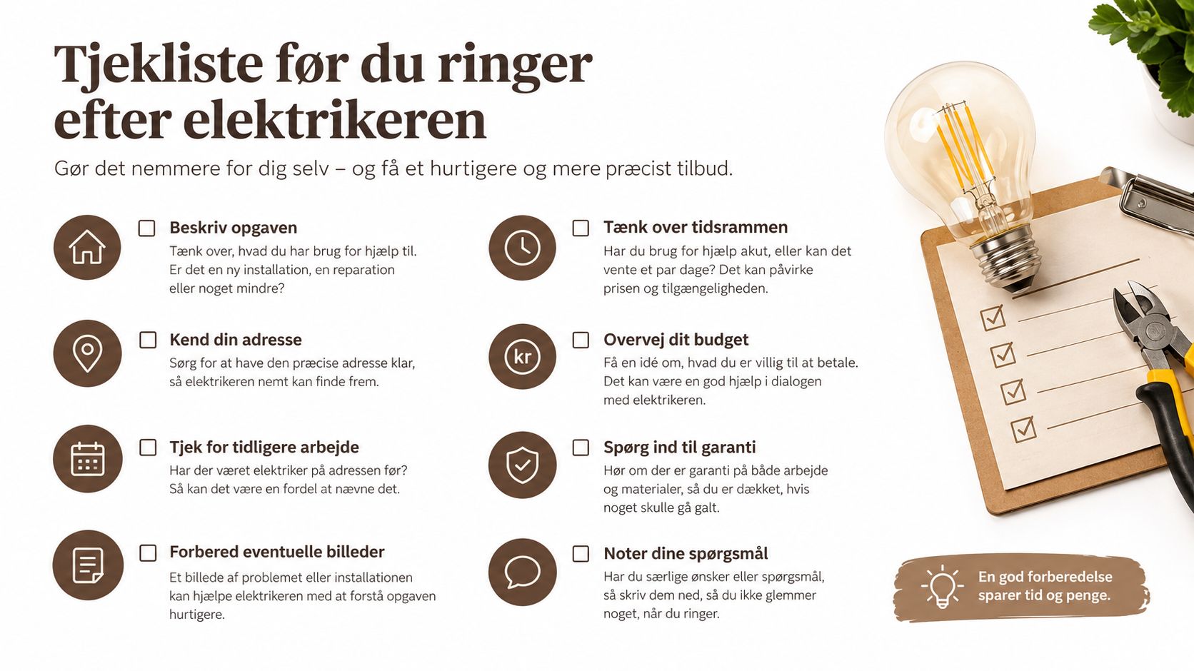 Tjekliste med gode råd til hvordan du forbereder dig bedst før du ringer til din elektriker.