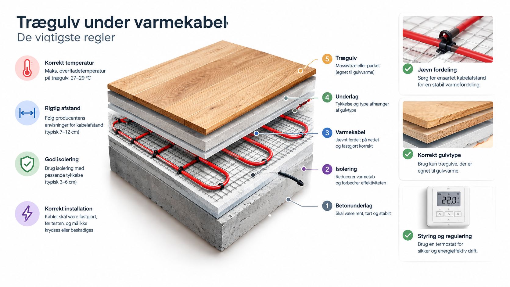 En infografik der viser korrekt opbygning af trægulv med indbygget varmekabel for optimal varme og sikkerhed.