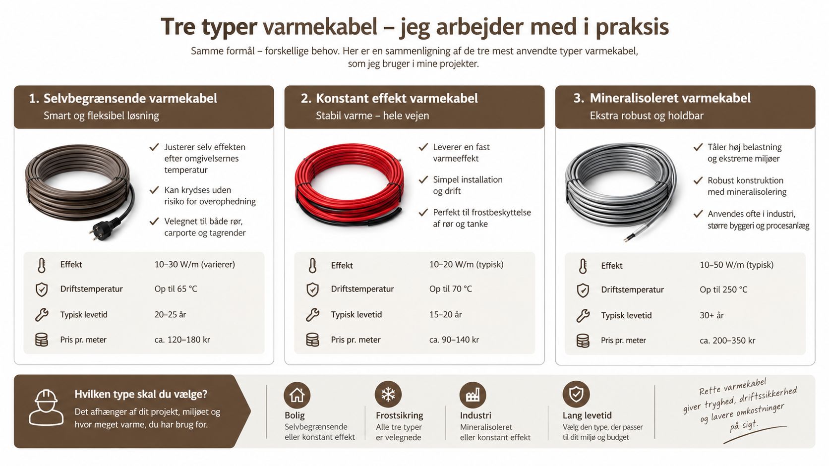 En sammenligningsguide der viser tre typer varmekabel med tekniske specifikationer for valg af den rette løsning.
