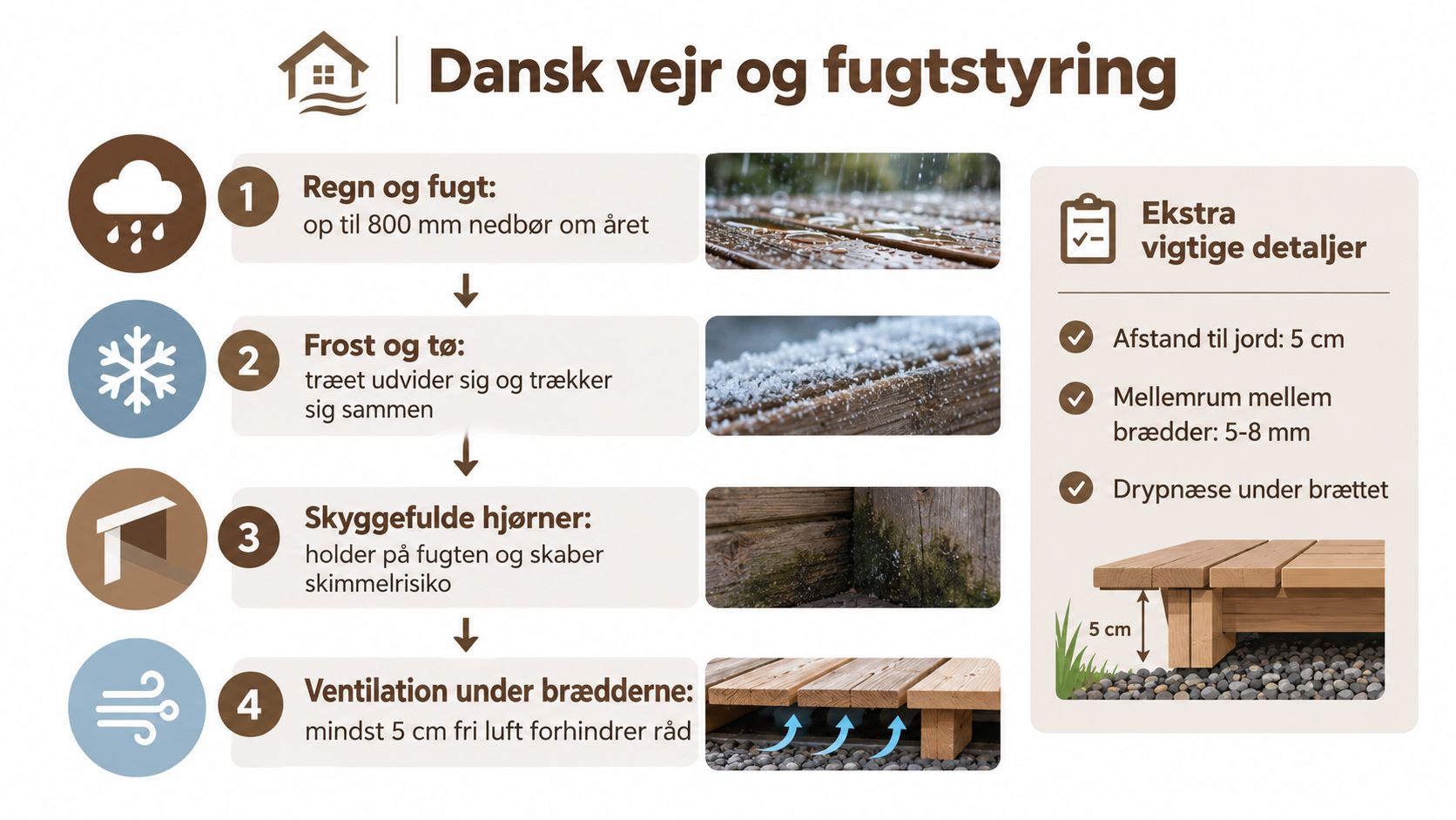 Infografik der viser vigtigheden af fugtstyring og ventilation for at beskytte træterrasser mod det danske vejr.
