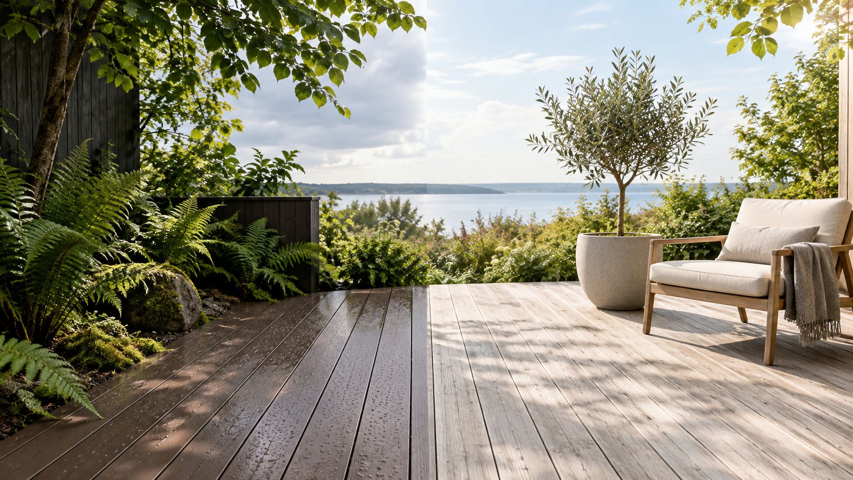 En smuk terrasse med en sammenligning af vedligeholdelsesfrit træmateriale og naturligt træ med udsigt over vandet.