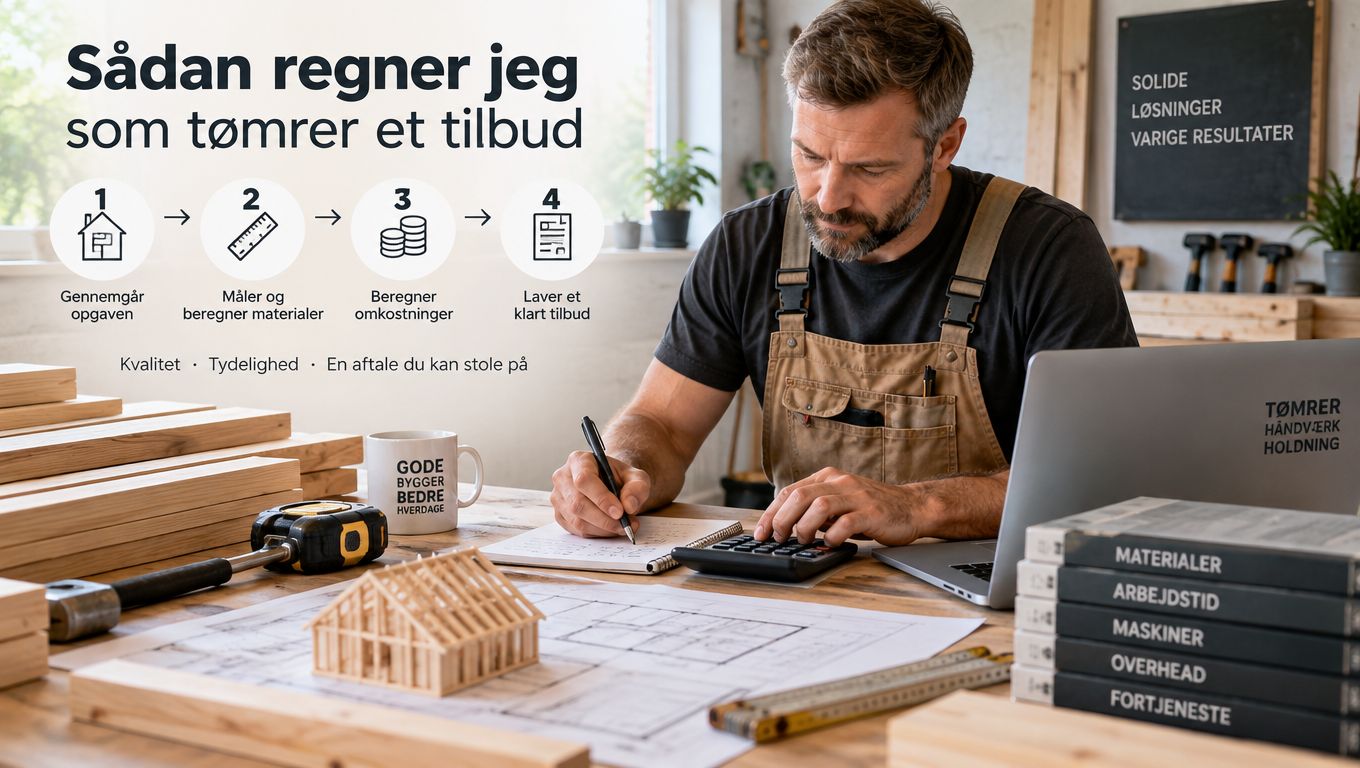 En professionel tømrer sidder ved et arbejdsbord og udarbejder et præcist byggetilbud til en kommende opgave.